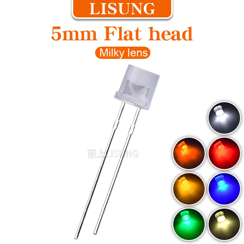 1000pcs/Bag 5mm LED Light Emitting Diode Flat Top Diffuse Milky Warm White Red Blue Green Yellow Color Bulb Lamp 2V 3V Indicator