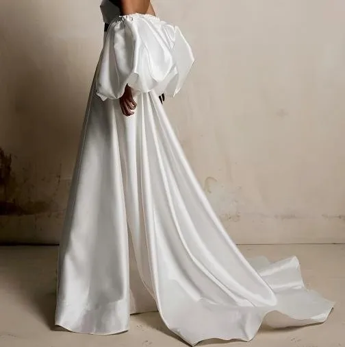 Luxury White Satin Maxi Skirt With Pockets Women High Waist A-Line Long Skirt with Train Elegant Evening Party Skirt Custom Made