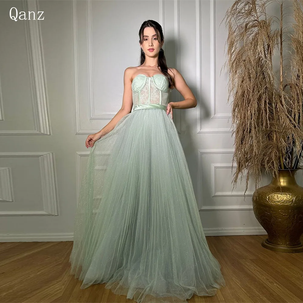 

Qanz Mint Green Lace Prom Dresses Tulle Long A Line Strapless Formal Occasion Dresses Sleeveless Corset Back Vestidos Para Event