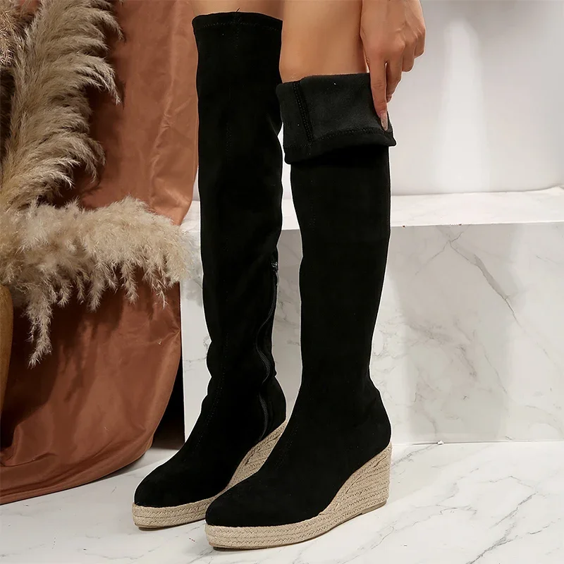 

Suede Women High Boots Winter Fashion Over The Knee Boots New Women Sexy Platform Heel Weave Wedges Shoes Warm Goth Mujer Botas