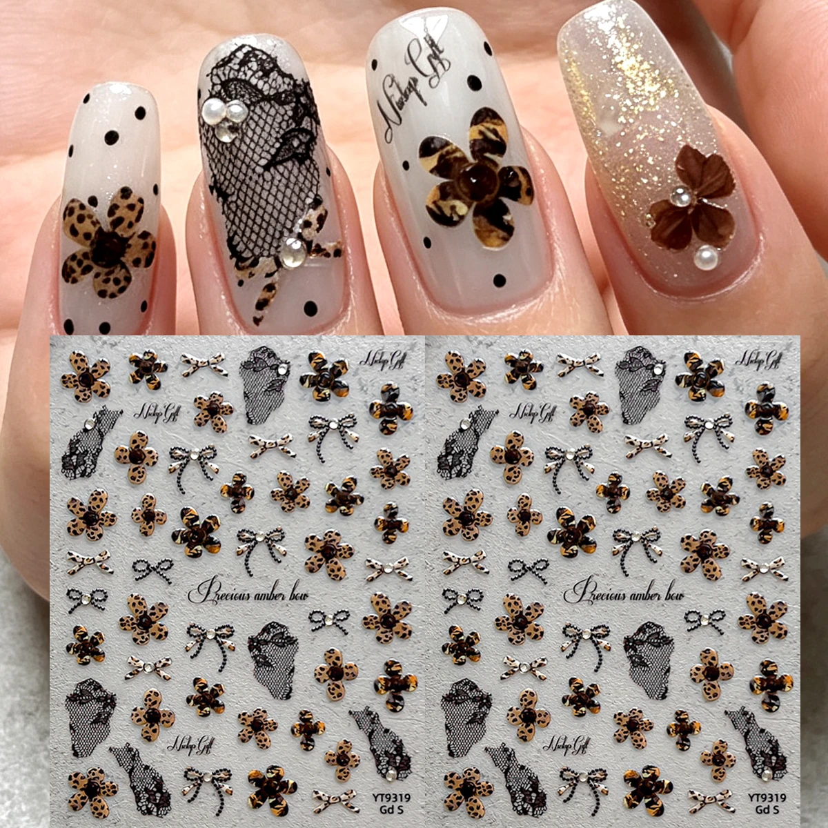 New autumn/winter floral nail stickers featuring brown leopard print, floral motifs, and embossed designs with rhinestones, bows