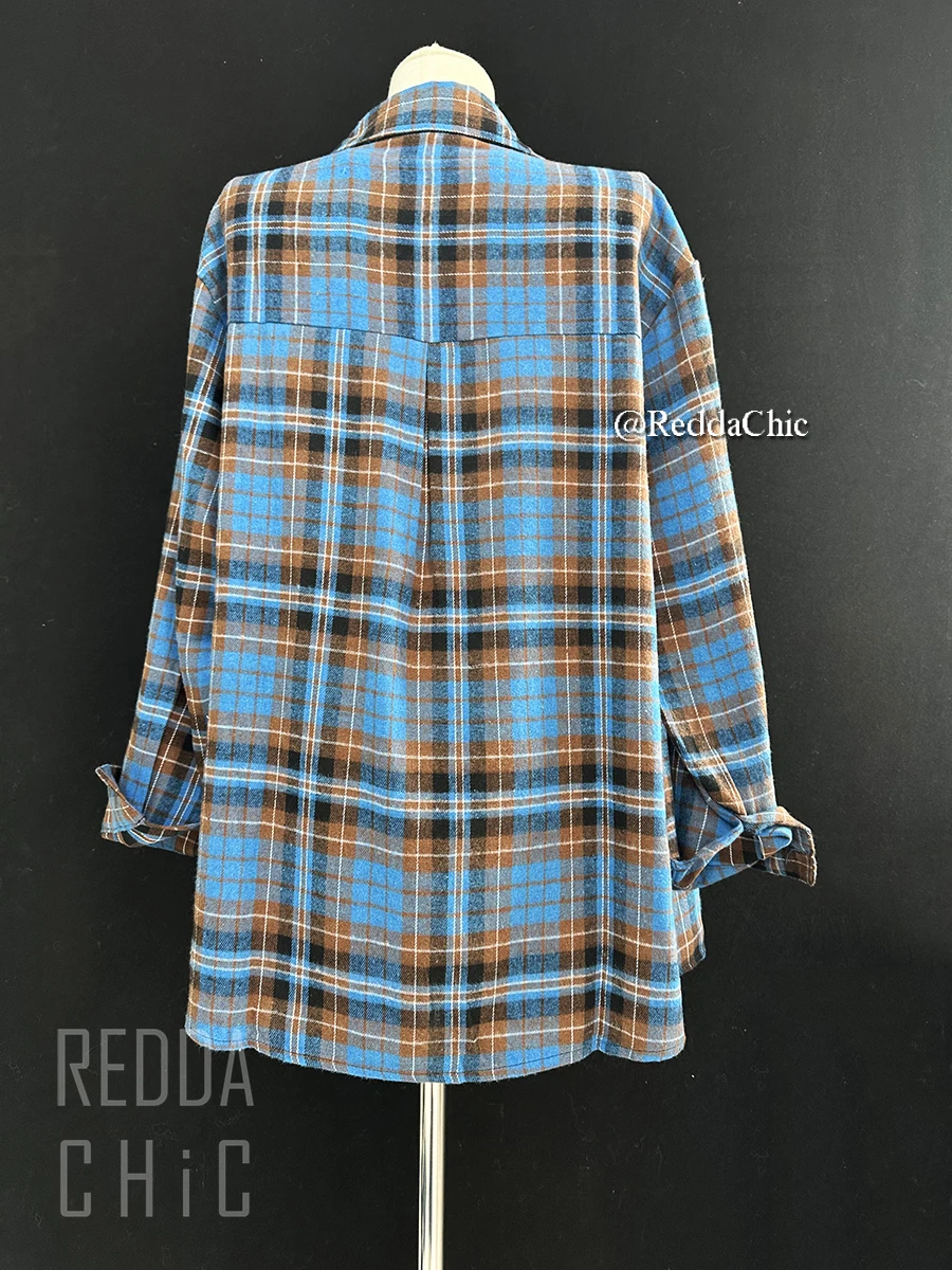 REDDACHIC Blue Plaid Men Long Sleeves Shirt Single-breasted Pocket Checkered Oversize Casual Blouse Top Vintage Fall Outerwear