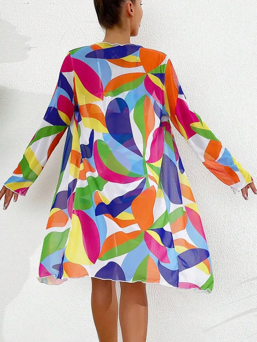 2025 Tropical Damen-Badeanzug, bedruckt, 3-teiliges Bikini-Set, Mesh-Cove-Up, Damen-Badeanzug mit hoher Taille, kurvige Badebekleidung, Strand-Dame-Badeanzug