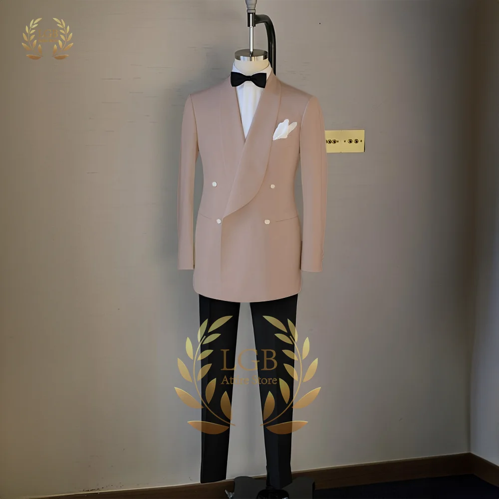 Men's Suit 2 Piece Suit, Stylish Shawl Collar Double Breasted Jacket Black Pants Suitable for Wedding Party Banquet