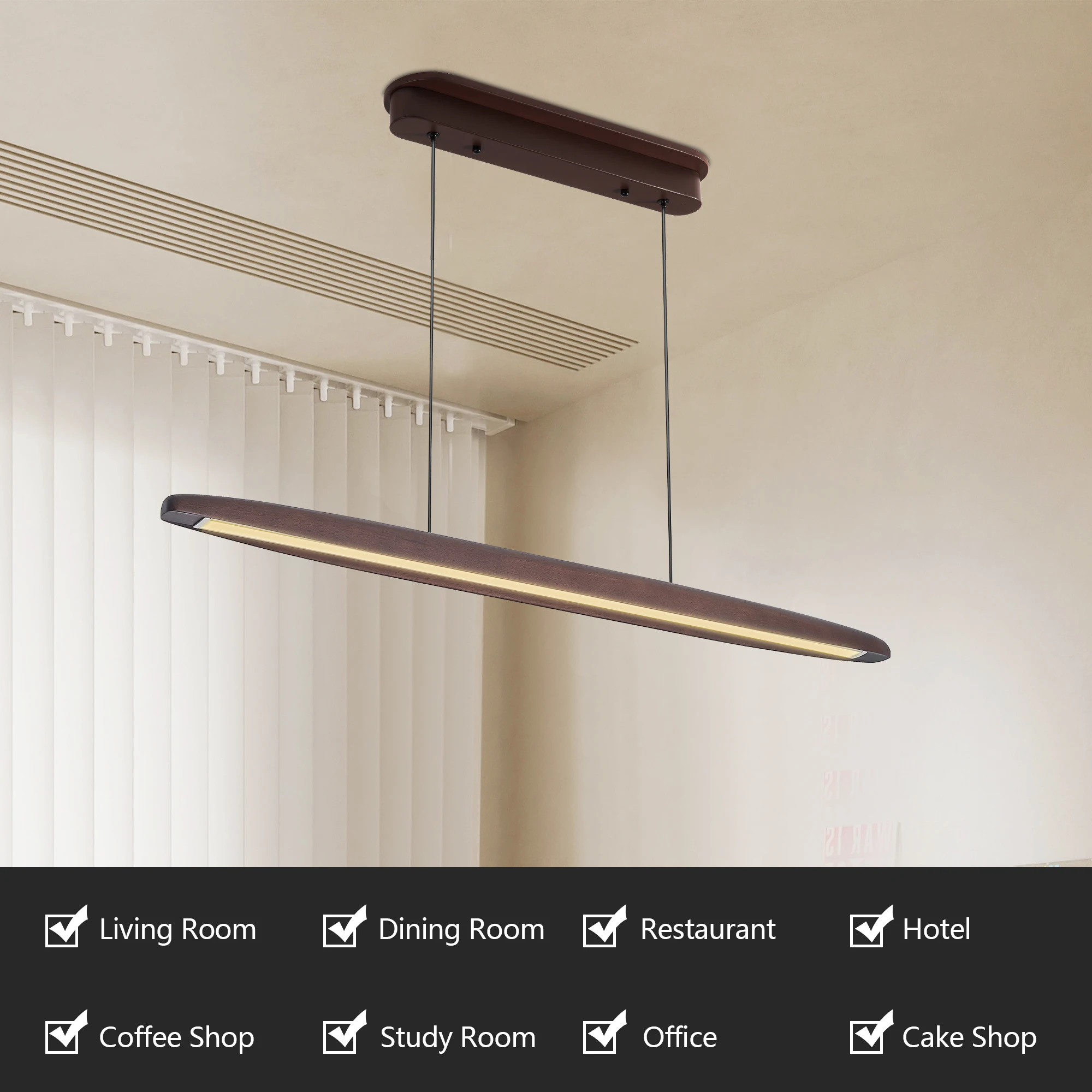 

Dimmable Hanging Light Fixture for Kitchen Island 51" 36W Wood Led Linear Pendant Light Fixture Led Dining Room Light