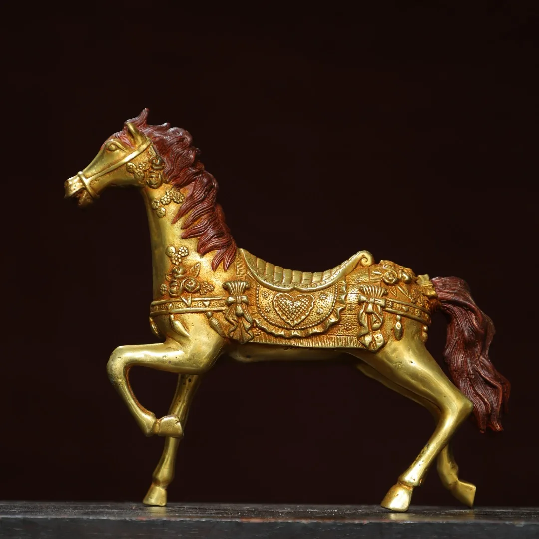 

10"Tibetan Temple Collection Old Bronze Gilded Cinnabar Tang Ma Horse Statue Successful Horse Amass wealth Ornaments Town house