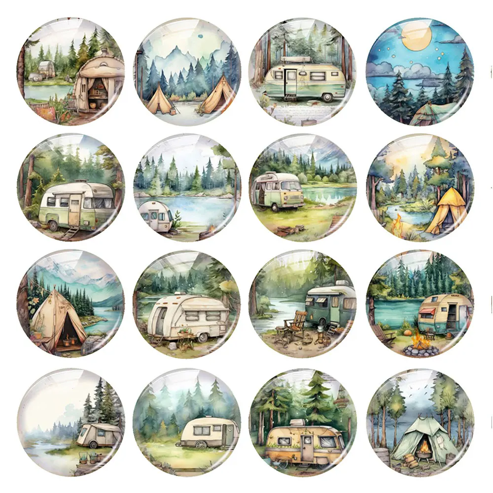 Random Mixed Round/Oval/Square Camping Caravan Wilderness Photo Glass Cabochon Flatback Demo Cameo For Diy Jewelry Making