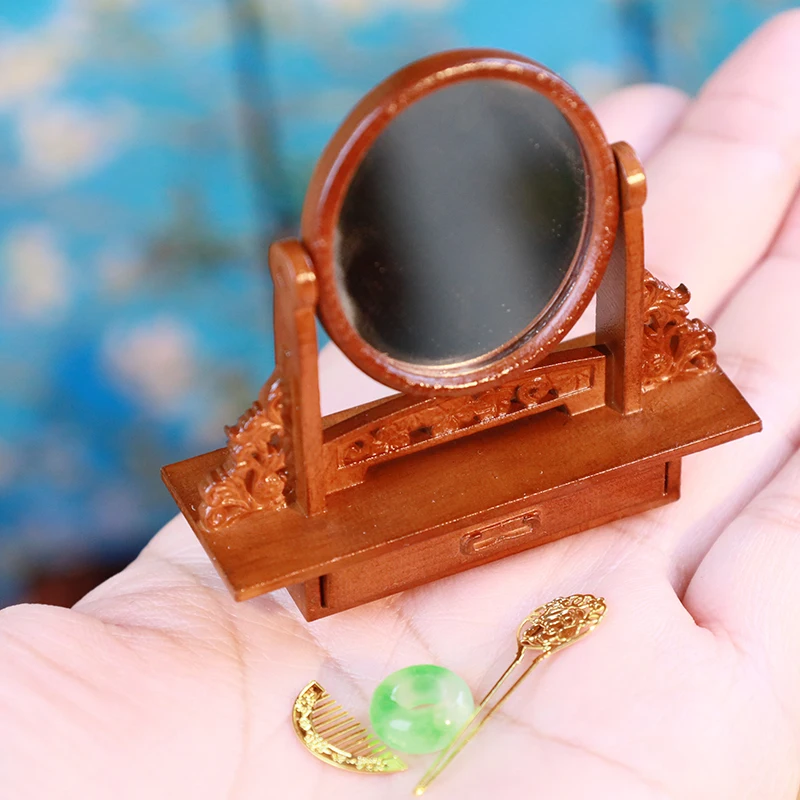 

1 set of bedroom makeup and dressing table, doll house mini wooden dressing table+jewelry set with mirror