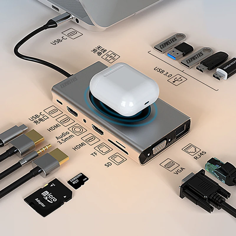 Cerastes-USB cハブドックステーション,USB 3.0タイプCからHDMI互換,macbook pro m1 air m2ラップトップ用のUSB充電アダプター