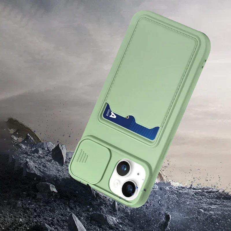 Slide câmera proteção titular do cartão carteira caso de telefone para iphone 16 15 14 13 pro max 12 11 xr xs max 8 plus capa de silicone macio