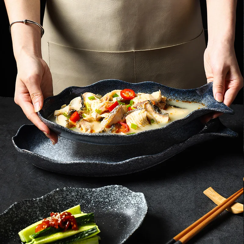Multi-Purpose Japanese Ceramic Fish Dishes - High-End Creative Steaming Plates, Home Serving Dishes for Pickled Fish & Seafood