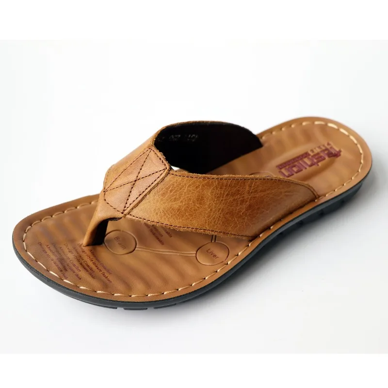 Mens Summer Slippers Casual Breathable Non Slip Leather Clip Toe Sandals Beach Flip Flops