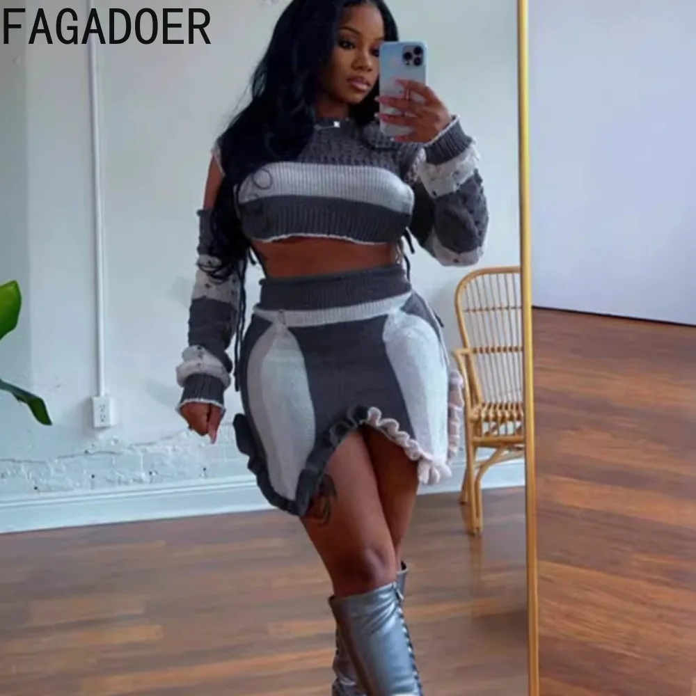 FAGADOER Fashion Irregular Splicing Ruffle Design Knitted Two Piece Sets Women O Neck Long Sleeve Crop Top + Mini Skirts Outfits