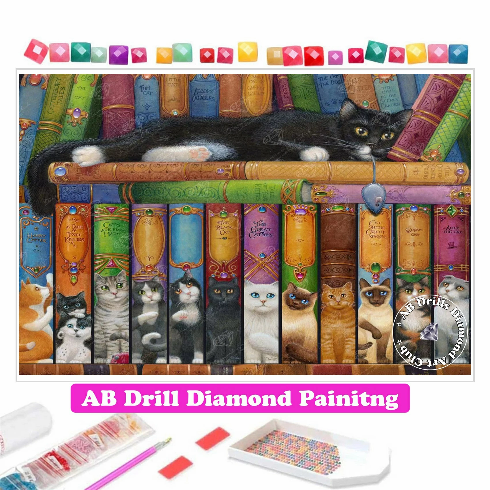 

Cat Bookshelf AB Drill Diamond Painting Cartoon Randal Spangler Pictures of Rhinestones Cross Stitch Mosaic Home Decor for Kids