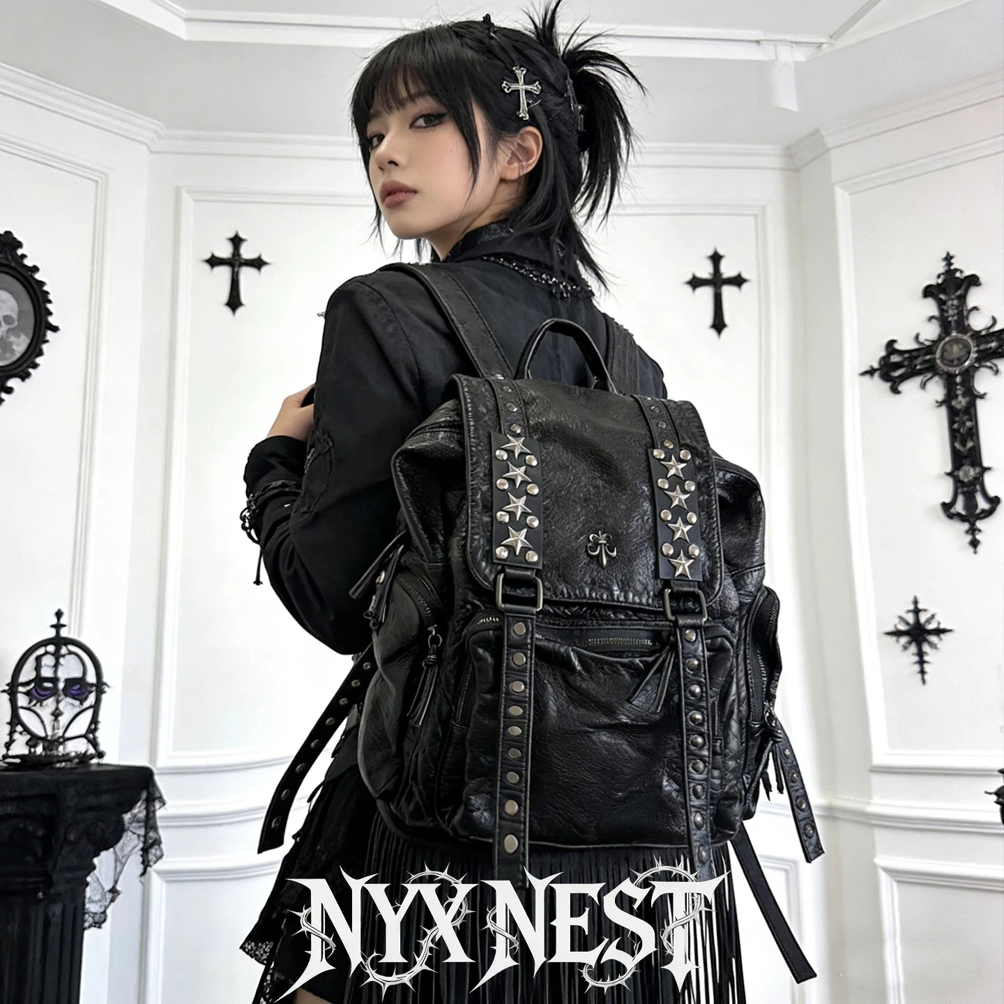 Black Punk Style Backpack Cross Rivet Backpack Unique Retro Goth Backpacks Large Capacity Commuter Bag