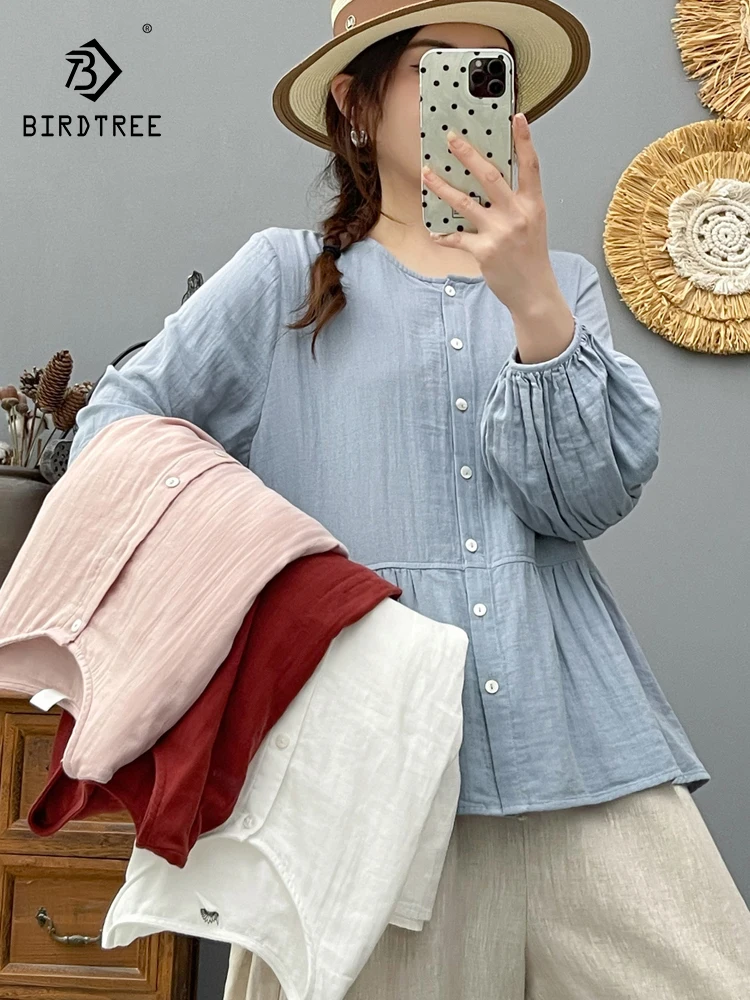 

New 2025 Autumn Cotton Yarn Long Sleeve Shirt, Women Stand Patchwork, Mori Girl Versatile Casual Soft Loose Doll Blouse T58678CC