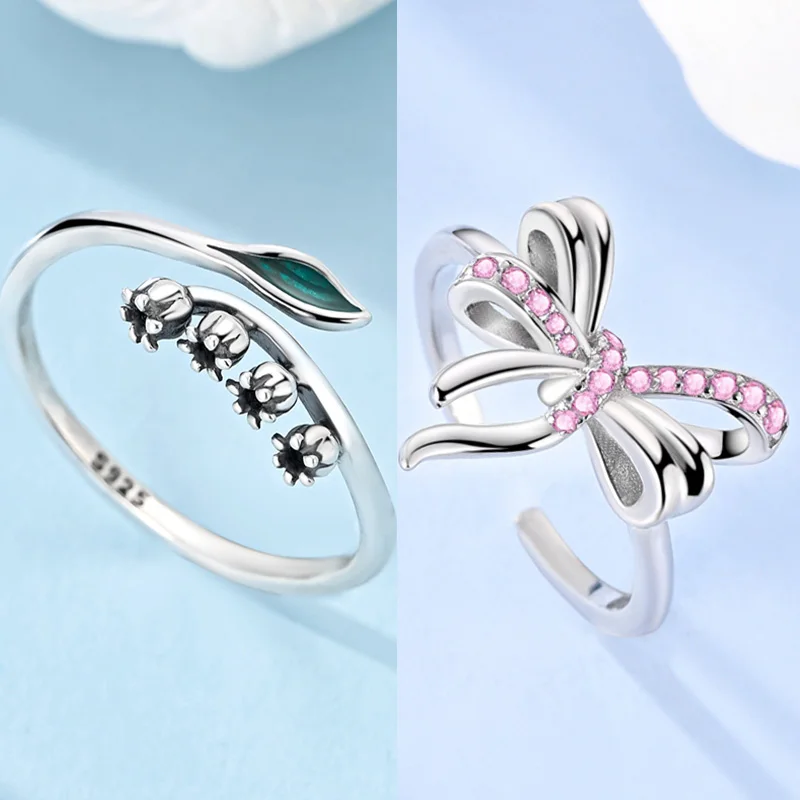 925 Sterling Silver Rings Lucky Clover Lily of the Valley Adjustable Open Ring For Women Party Wedding Engagement Jewelry Gift