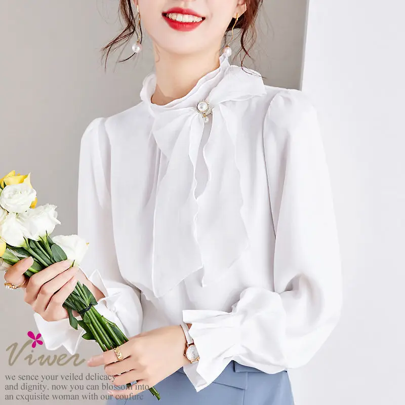 Office Lady 2023 Spring Autumn Solid Color All-match Stand Collar Blouse Fashion Bow Three-dimensional Decoration Ruffles Shirt