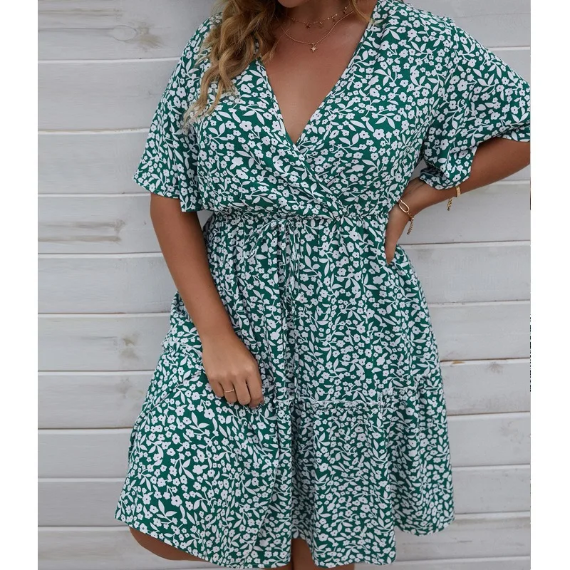 

Plus Size 4XL 5XL 2024 Fashion Summer Dress Women Clothing Short Sleeve Floral Casual Dresses Short Mini Beach Dresses Vestidos