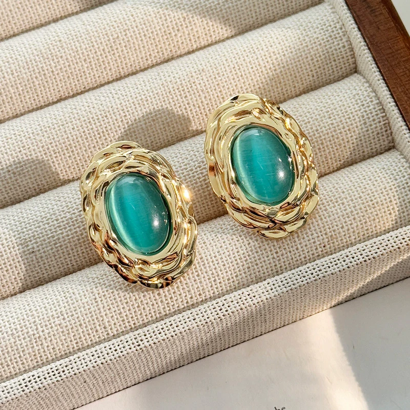 Vintage Uneven Metal Frame Oval Stud Earrings for Women Temperament Opal Earrings Brown Green Blue Trendy Jewelry Christmas Gift