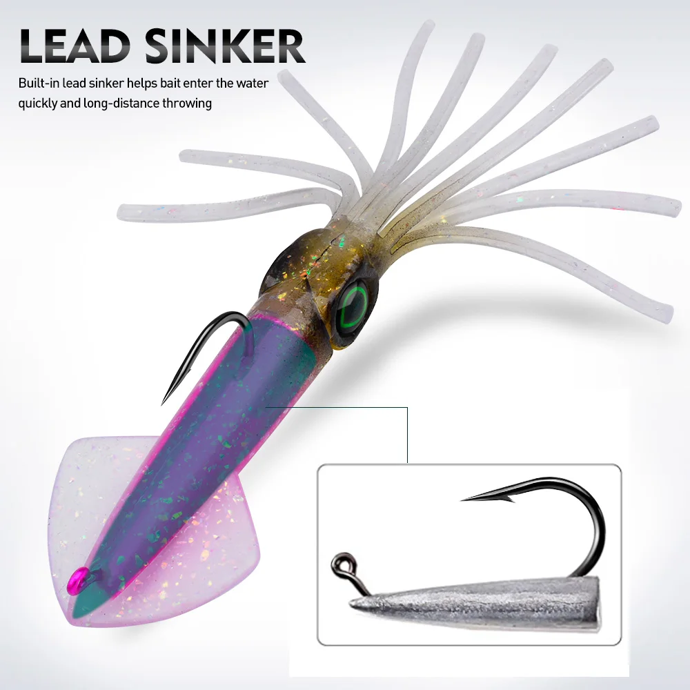 Proberos 1 Stück Leuchtender Tintenfisch-Softköder mit schwerem Blei-Jighaken, Salzwasser-Süßwasser-Swimbait zum Schleppangeln, für Lachs, Barsch, Forelle – Detail 7