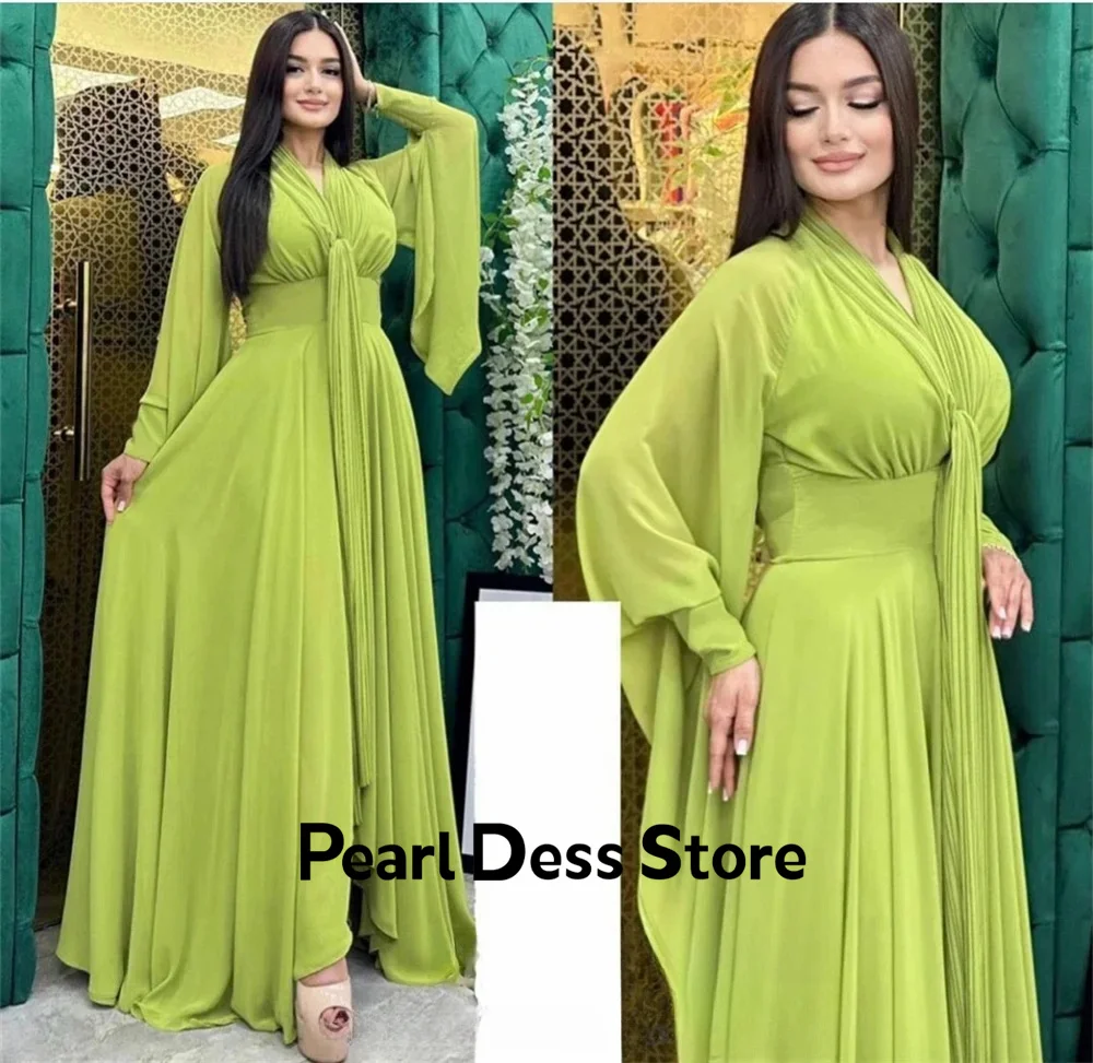 

Simple Chiffon Evening Dress Green Ball Dress 2024 Muslim Flare Sleeve Tank Top De Noche Silk Chiffon Ball Dress