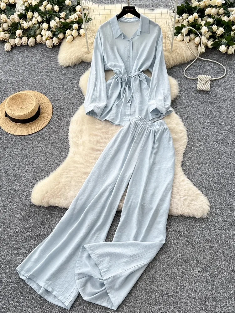

Casual Collar Solid Single breasted lace up Drawstring Long Sleeve Shirt+Elastic High Waist Wide Leg Straight Pants 2-piece Set