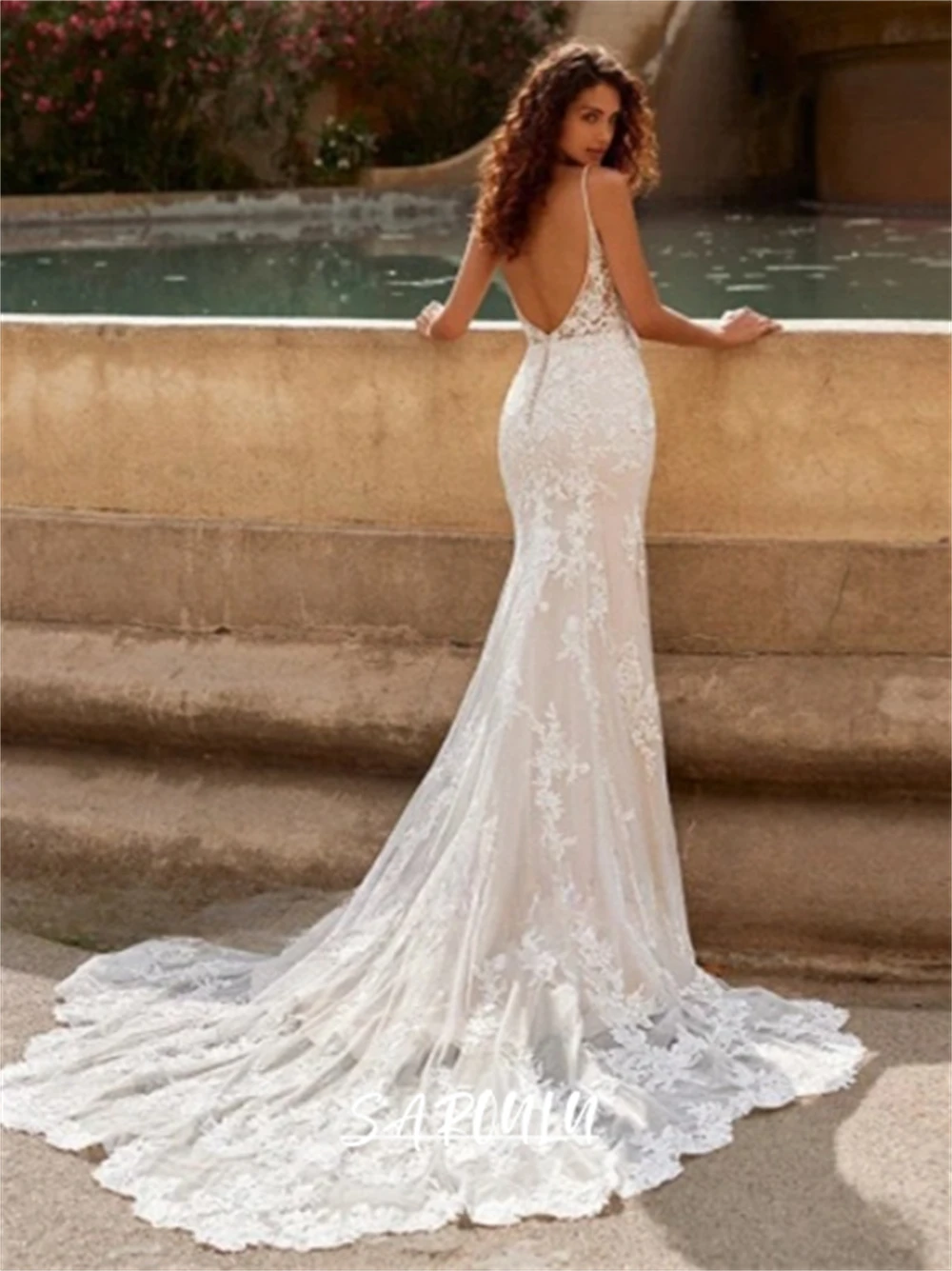 lace wedding dress backless Ivory Backless Sleeveless Lace Mermaid Long Wedding Dress