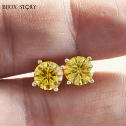 925 Sterling Silver Stud Earrings Round Brilliant Cut VVS1 White/Pink/Yellow Moissanite Test Passed Diamond for Women  Gift
