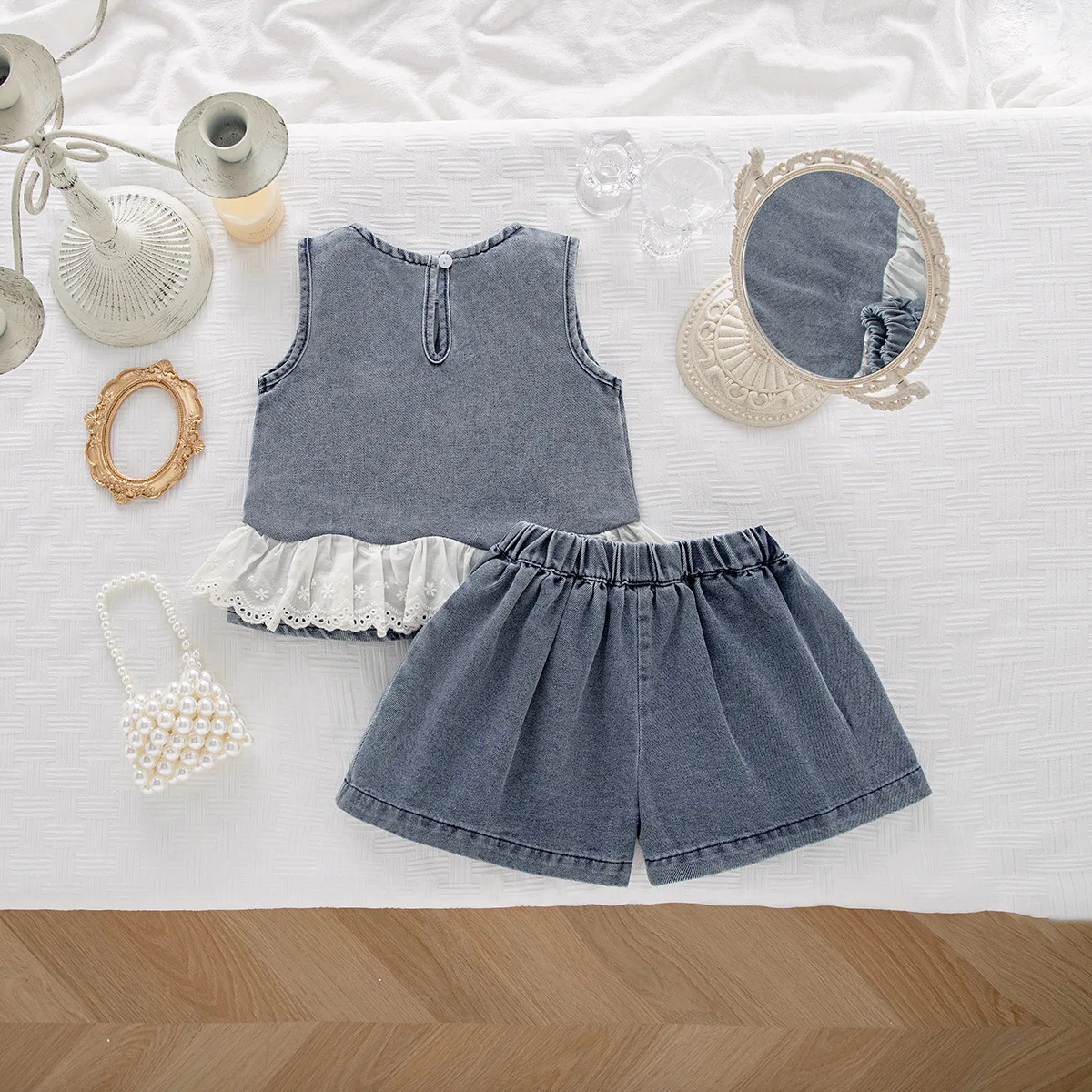 Girls' Cowboy Set 2026 New Summer Style Lace Lace Sleeveless Tank Top Wide Leg Pants Korean Two Piece Set