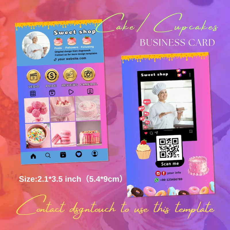 DsgnTouch Cake Bakery Instagram Business Card for Small Business Professional Social Media QR Code Card Maker Baker Chocolate