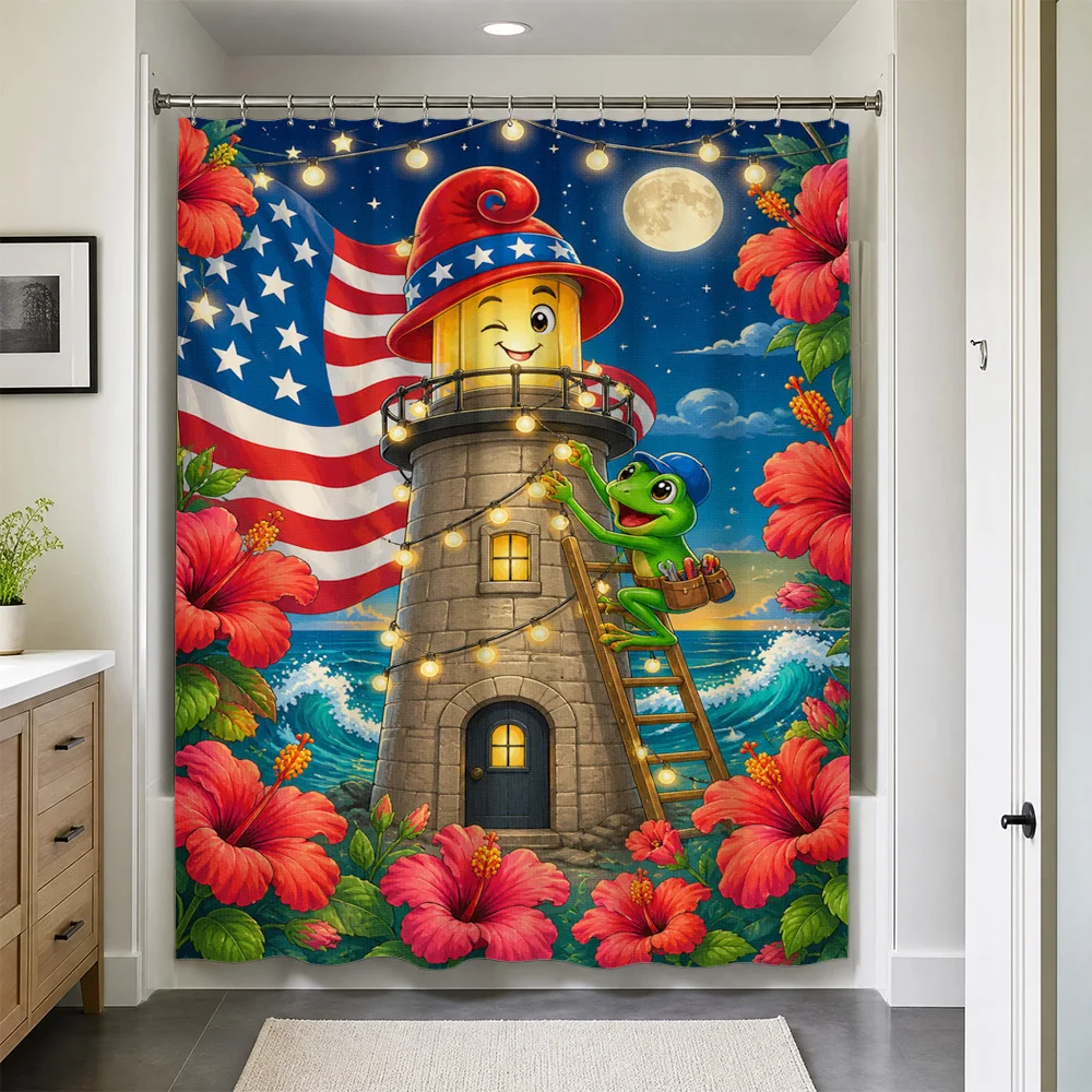 Novelty Waterproof Shower Curtain American Flag Coastal Theme Fun Nautical Bath Shower Curtain Tropical Flowers Ocean Lighthouse