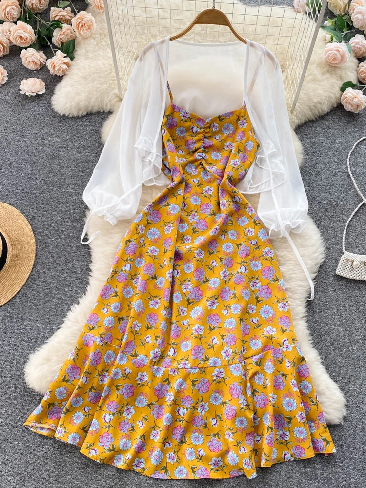 女性の夏の花のドレス,休暇のスタイル,シフォンの日焼け止めシャツ,一時停止されたドレス,人気の2ピースセット