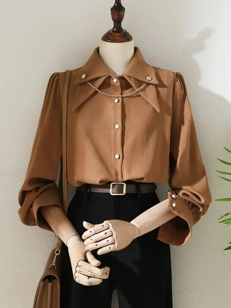 

New Design Chain Retro Shirt Thickened Bottoming Top Brushed Corduroy Lapel Long-sleeved Shirt Women's Autumn and Winter