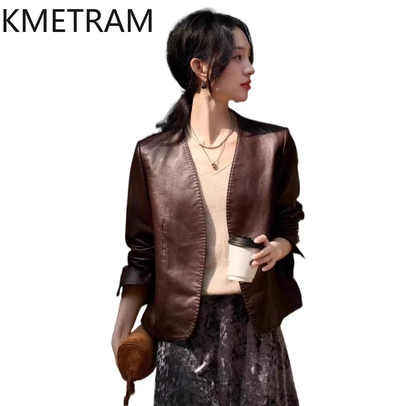 KMETRAM Real Vegetable-Tanned Sheepskin Leather Jacket Woman Retro V-Neck Blazer Coat Casual Autumn Jackets Woman Clothes 2026여성
