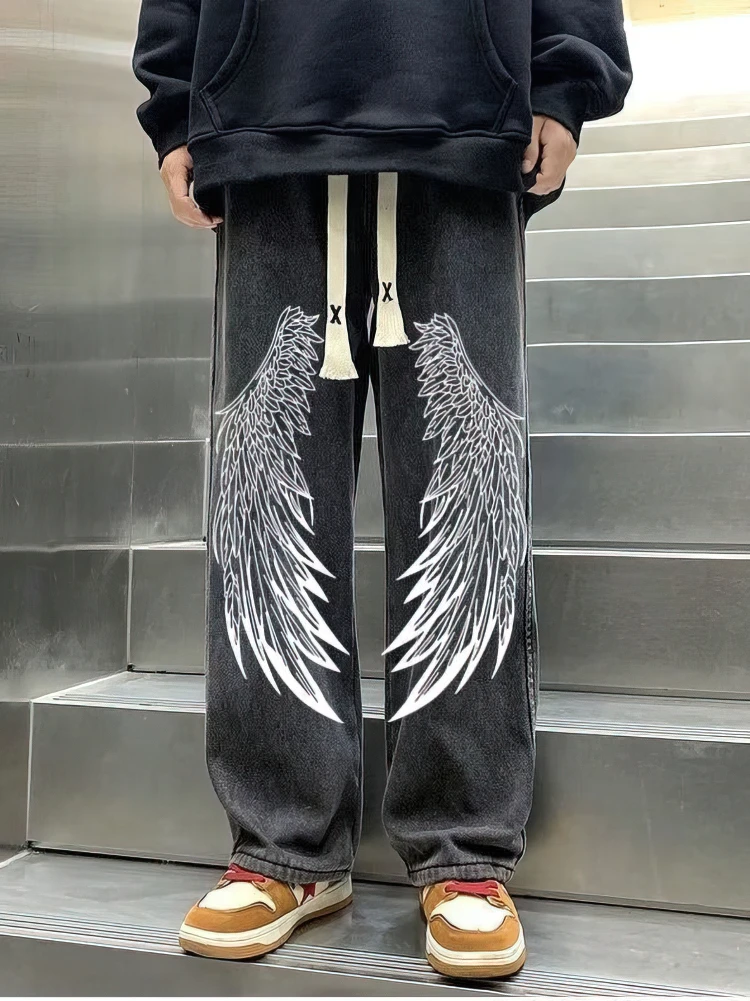 Black Y2k Feathers Print Jeans Men Streetwear Straight Wide Leg Baggy Denim Pants Techwear Fashion Hip Hop Drawstring Sweatpants