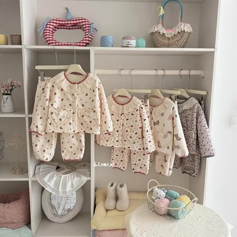 

Пижамный комплект для девочек, осенне-зимняя кружевная домашняя одежда, удобная теплая одежда для дома, новая модная детская одежда, милый стиль принцессы