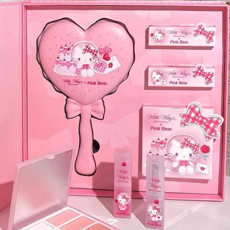 Pinkbear Kawaii Hello Kitty Collaboration Lip Gloss Gift Box Anime Sanrio Girly Heart Cute Blush Lipstick Mirror Set Girls Gifts