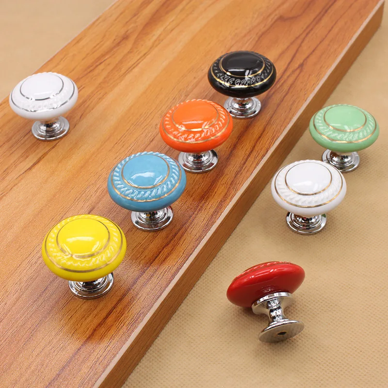 Ceramic Cabinet Door Handle European Style Cabinet White Double Gold Wire Zinc Alloy Simple Drawer Single Hole Circular Handle