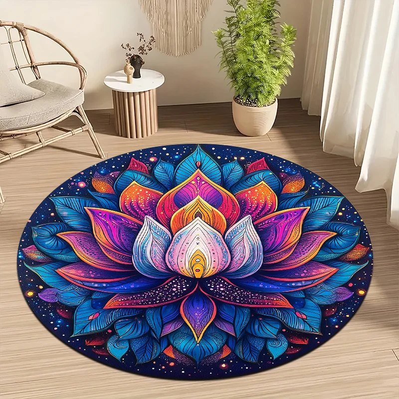 Cosmic Lotus Style Flannel-printed round floor mats are slip-resistant Suitable for living room bedroom terrace garden carpets