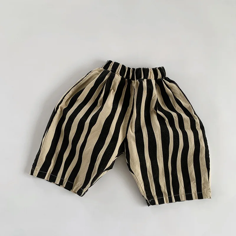 Kid Boy Personality Irregular Stripes Calf-length Pants Cute Baby Girl Fashion Breathable Thin Cotton Trousers