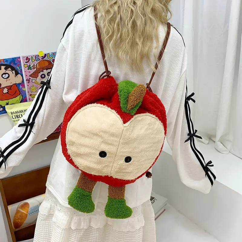 

Girls Y2k Apple Backpack Korean Fashion Cute School Bag For Teenager Women Cartoon Plush Computer Bags Furry Kawaii Backpacks
