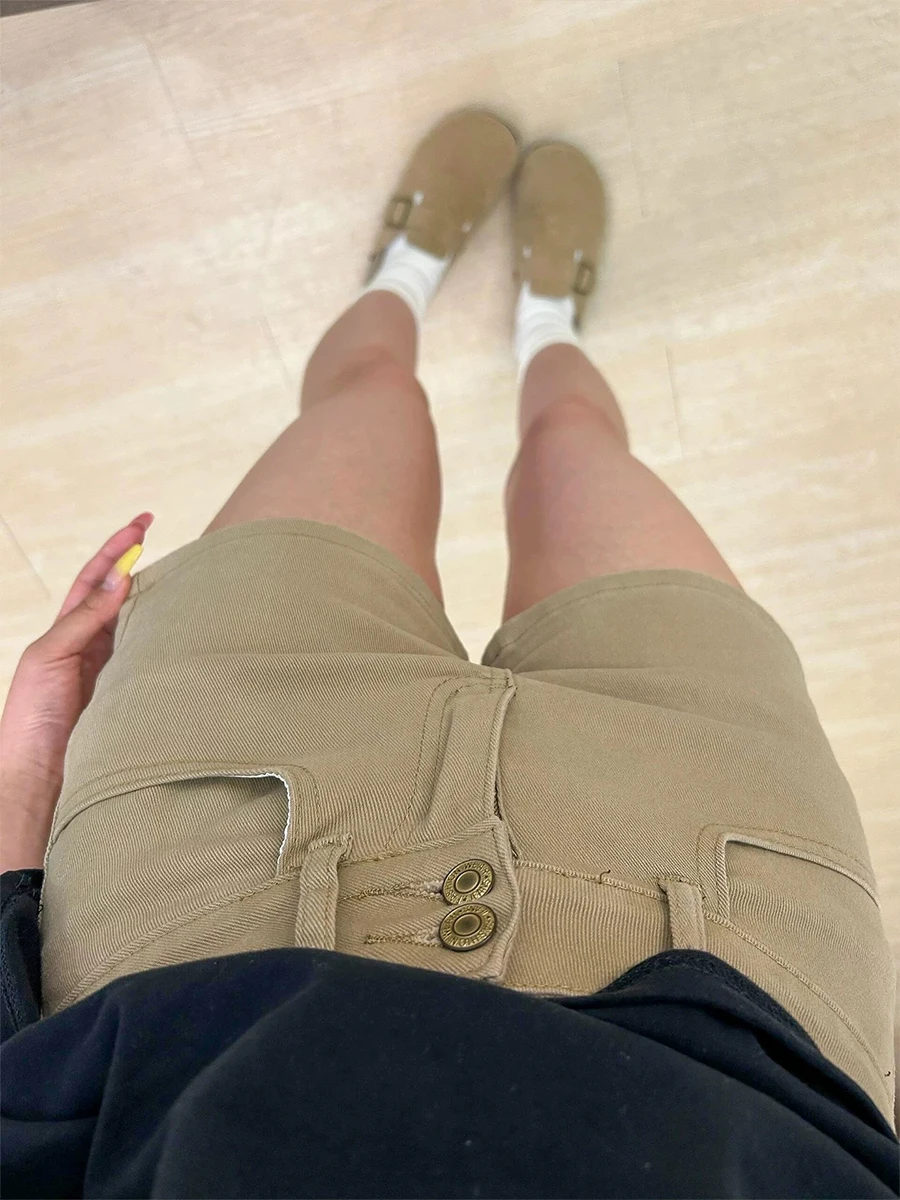 

Эластичные джинсовые брюки цвета хаки больших размеров, женские летние утягивающие брюки с высокой талией, американские прямые шорты трапециевидной формы