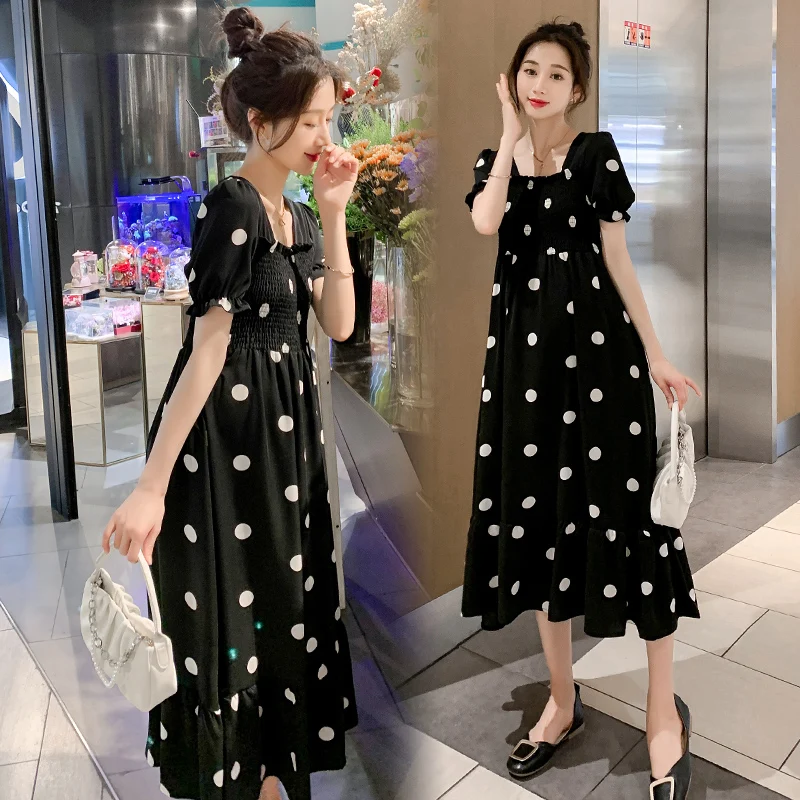 

Summer Square Collar Pregnant Woman Chiffon Dress Short Sleeves Fashion Maternity Polka Dot Dress High Waist Pregnacy Clothes