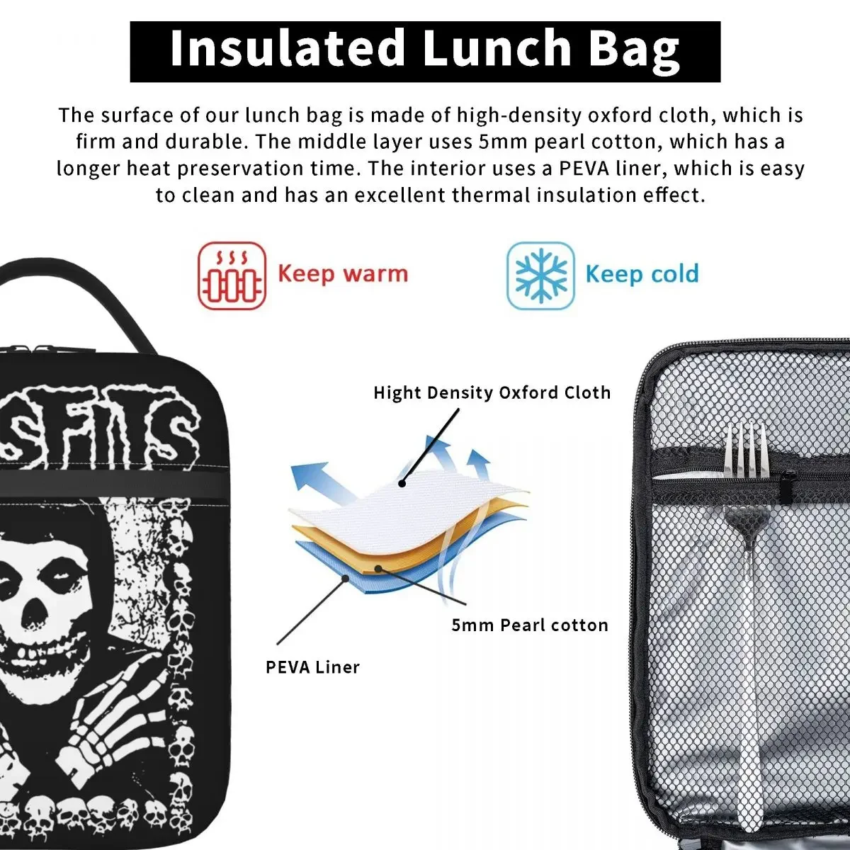 The Misfits Insulated Lunch Bags High Capacity Skull Lunch Container Cooler Bag Tote Lunch Box Beach Picnic Food Handbags