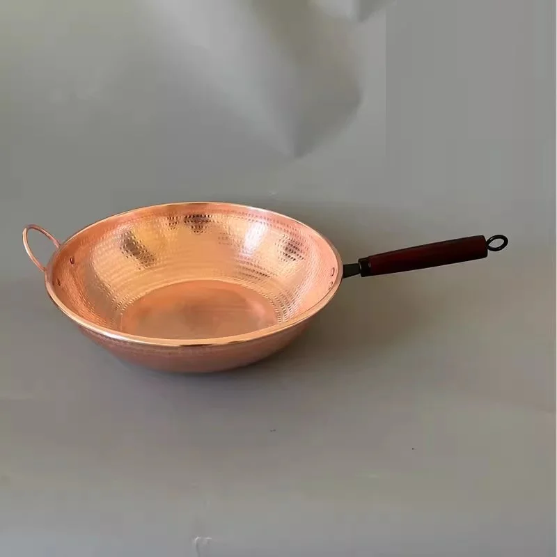 Pure Copper Frying Pan Induction Cook Wok Handle Handmade Thick Flat Bottom Container