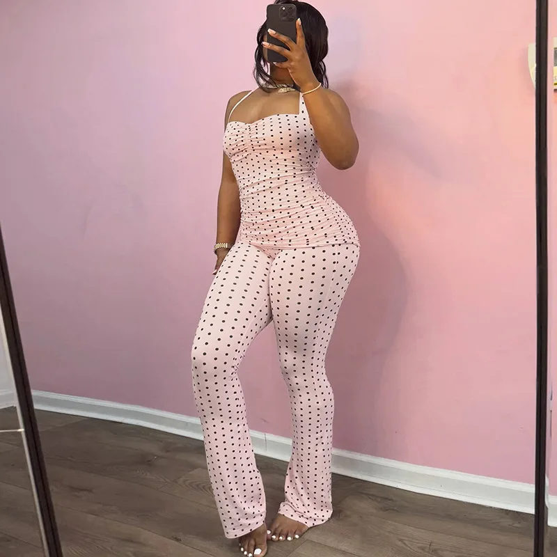 Summer Polka Dot Tops 2 Piece Pant Set Outfits 2026 Women Y2K Tracksuit Sexy Ripped Hollow Out Crop T Shirts Two Piece Sets