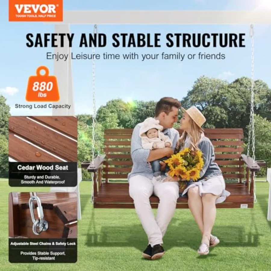Wood Porch Swing 5.5FT, Patio Bench Swing for Courtyard and Garden, Upgraded 880 lbs Strong Load Capacity, Heavy Duty Swing Cha