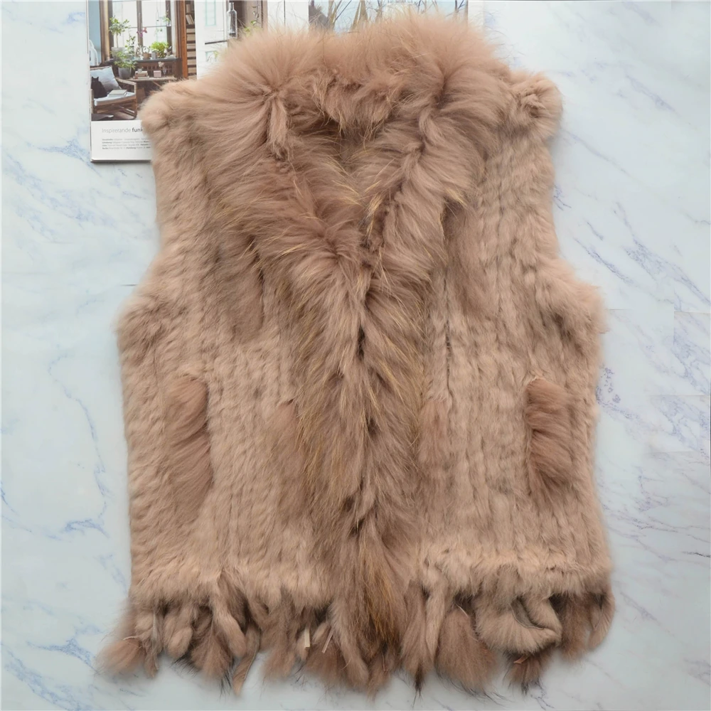 Women Genuine Real Rabbit Fur Vest Coat Tassels Raccoon Fur Collar Jacket Waistcoat Wholesale Drop Shipping