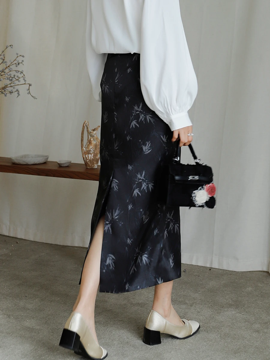 

Шелковая атласная юбка с принтом, завышенной талией, облегающая, с запахом, для женщин, винтажная, для повседневной носки, длинная, с плиссировкой и молнией